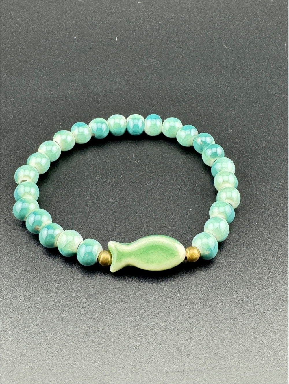 Handmade Green Beaded Stretch Bracelet with Fish Charm